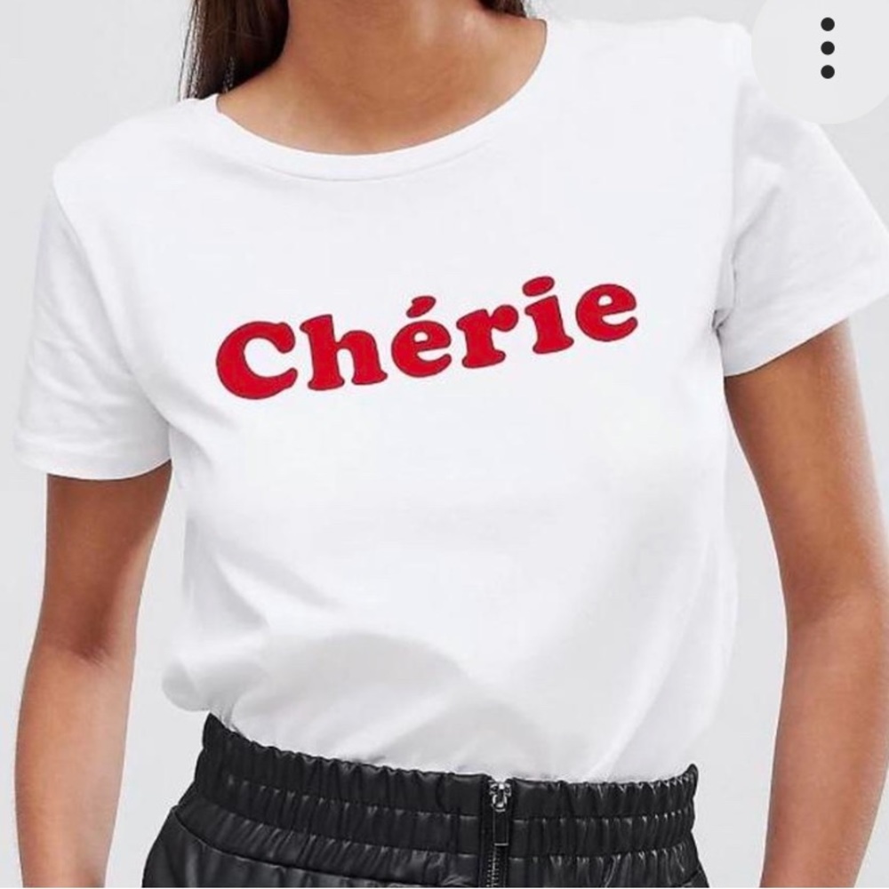 French Connection White Short Sleeve T Shirt “Chérie” Sz S